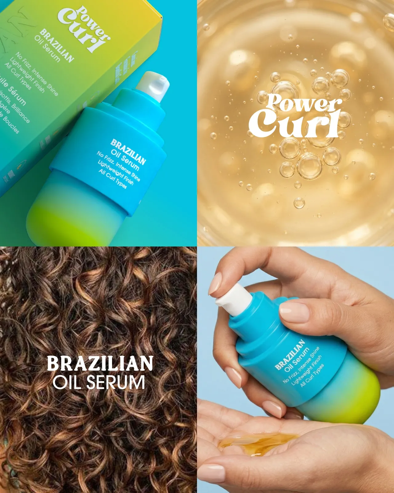 Power Curl Brazilian Oil Serum bottle and box, golden oil drops, defined curls and a hand pouring the serum