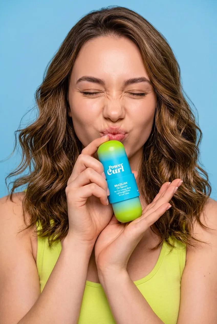 Woman with wavy hair kissing a bottle of Power Curl Brazilian Oil Serum