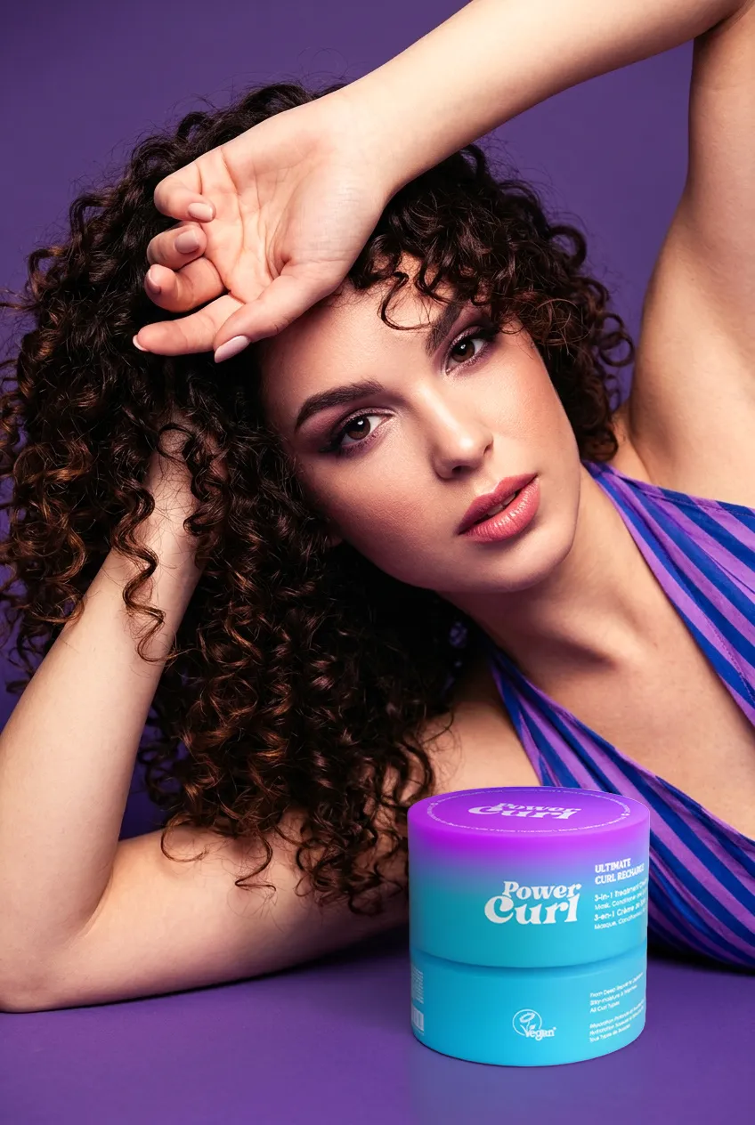 Woman with curly hair posing next to a jar of Power Curl Ultimate Curl Recharge