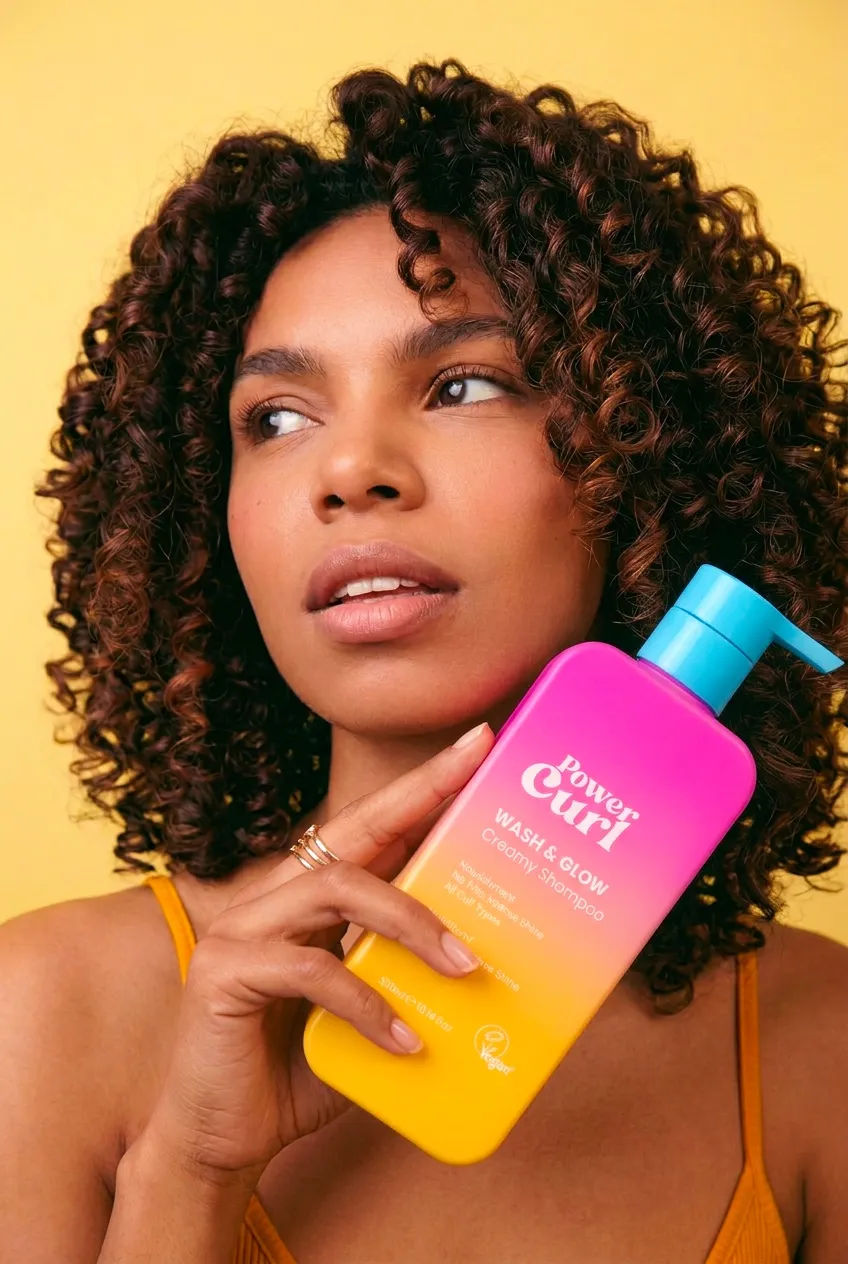 Woman with curly hair holding Power Curl Wash & Glow shampoo against her cheek